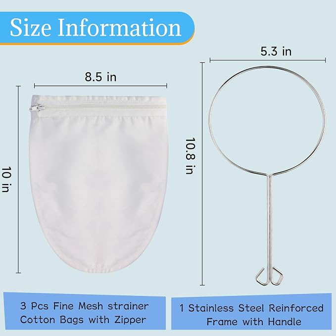 Fine Mesh Strainer, 6Pcs Reusable Cloth Strainer Bags with Stainless Steel Handle, Nut Milk Bag, Juice Strainer for Kitchen