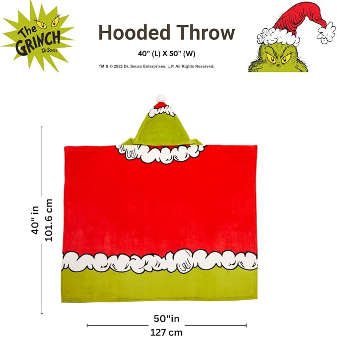 Franco Dr. Seuss The Grinch Holiday Christmas Kids Bedding Soft Cozy Hooded Throw Blanket, 40 in x 50 in, (Officially Licensed Product)