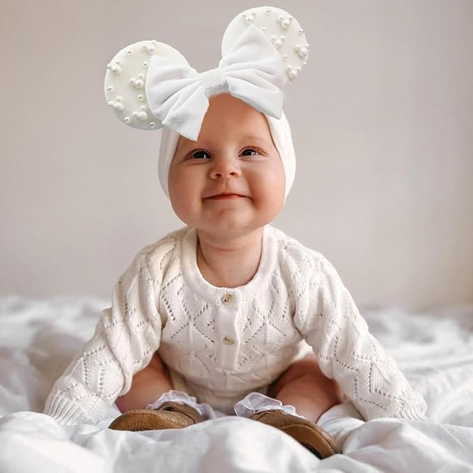 JIAHANG White Velvet Mouse Ears Turban Headwrap with Beads, Wide Hair Bow Headband for Baby Girls, Infants, Toddler, Kids, Party Supplie