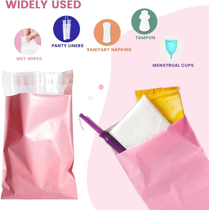 Disposable Sanitary Bags, 100 Pcs, Pink, Self-sealing, Odor-proof, Rectangular, Plastic, 10" x 6" Bags for Feminine Hygiene, Personal Waste, or Pet Waste