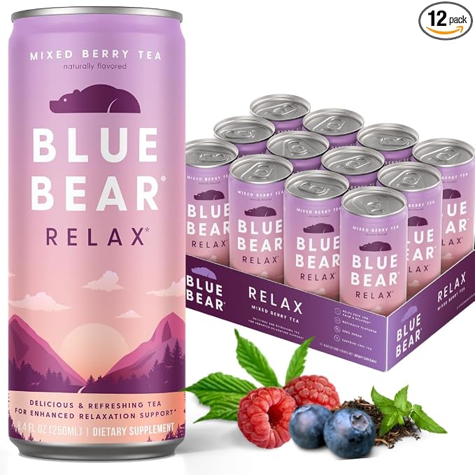 Blue Bear Relax Adaptogen Drink, Ready-to-Drink Mixed Berry Tea, Calming & Relaxation Beverage for Stress Relief, Nootropics & Botanicals, Caffeine-Free, Zero Sugar, 8.4 Fl Oz (12 Pack)
