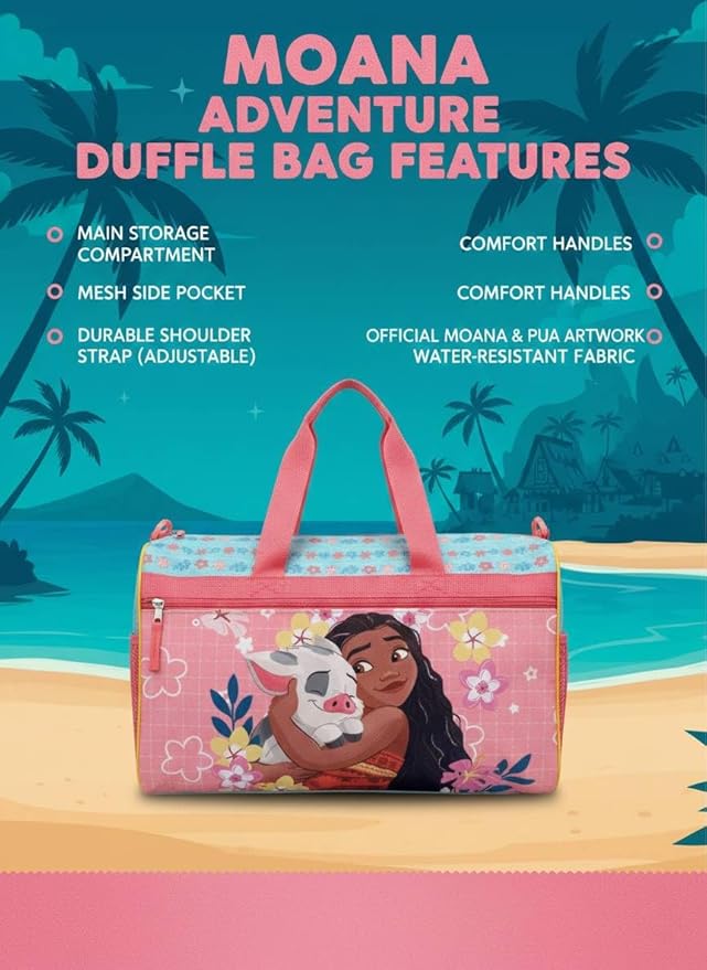 Disney Moana Kids Duffle Bag 16.5" – Travel & Sports Bag with Zipper Pocket, Mesh Side Pockets & Shoulder Strap