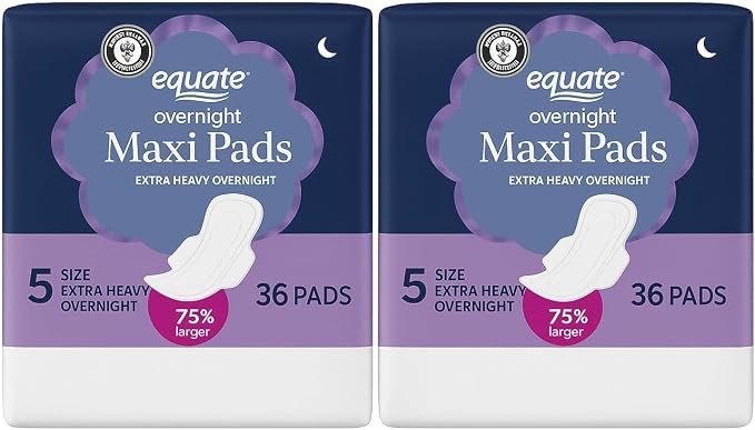 Equate Overnight Feminine Pads with Wings, Extra Heavy Flow, Size 5, Unscented, 36 Count (Pack of 2) – 72 Pads Total