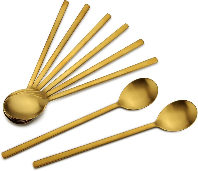 IQCWOOD Korean Spoons, 8 Pieces Stainless Steel Gold Soup Spoons, 8.5 Inch | Tablespoon with Long Handle, Asian Dinner Spoon Set, Round Spoon for Home, Kitchen or Restaurant Dishwasher Safe