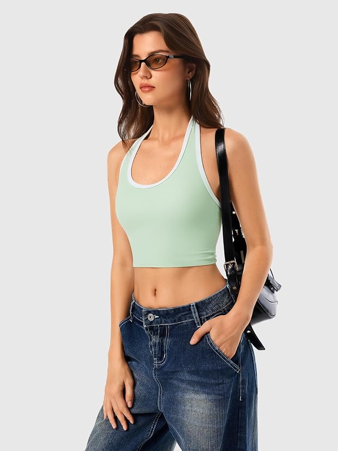 Halter Workout Top for Women: Open Back Sports Bra Color Block Tops with Built in Bra Yoga Gym Crop