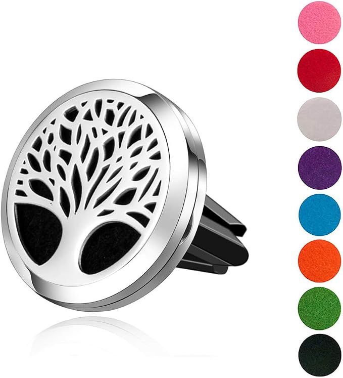 Wild Essentials Tree of Life Car Vent Diffuser Kit – 316L Stainless Steel Locket, Rubber-Coated 4-Way Clip, 8 Color Pads (22mm), 25mm – Includes Alert & Inner Calm (2 x 10ml)