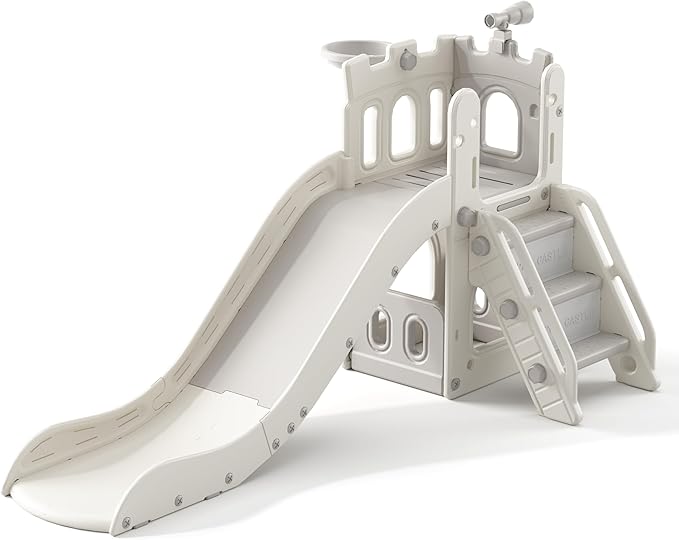 5 in 1 Toddler Slide, Extra-Long Kids Slide for Toddlers Age 1+ with Basketball Hoop and Ball, Storage Space, Indoor Outdoor Slide Playset Toddler Playground Climber Playset, Grey