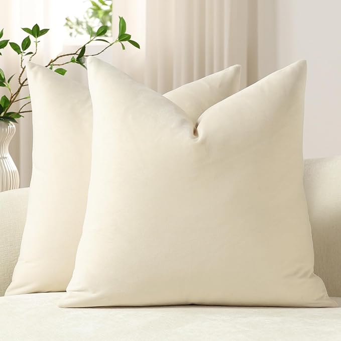 Euro Sham Covers 24x24 Cream: Pack of 2 Cozy Soft Velvet Square Modern Luxury Decorative Throw Pillow Cases for Sofa Couch Living Room Bed Home Decor