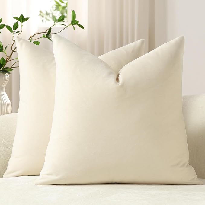 Throw Pillow Covers 22x22 Cream: Pack of 2 Cozy Soft Velvet Square Modern Luxury Decorative Throw Pillow Cases for Sofa Couch Living Room Bed Home Decor