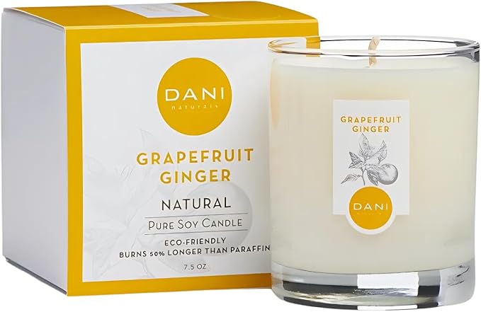 DANI Naturals Grapefruit Ginger 100% Soy Wax Candle, Non-Toxic, 7.5oz | Vegan,soy wax candle,Clean-burning with organic cotton wick,Energizing grapefruit ginger scent,Made in USA