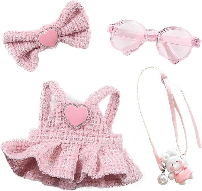 6.7in/17cm Doll Clothes Set(NO Doll), 4 Pcs Outfit Set Includes Premium Fashion Dresses & Bow Hairpin & Glasses & Cute Rabbit Charm, Luxury Chic Doll Clothing Accessories