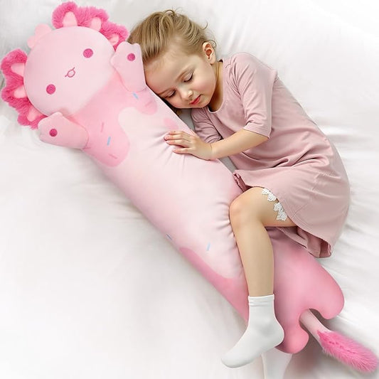 Long Axolotl Plush 5 Sizes, 120% Extra Filling Giant Plushness Kids Body Pillow, Kawaii Cute Pink Axolotl Stuffed Animals Plushies, Big Long Body Pillow Cat Plush Gift for Girls 44”