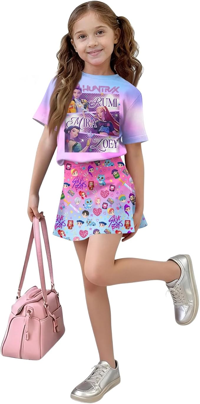 HTHLVMD K Pop Short Sleeve T-Shirt and Skirts Outfits Set for Girls Hunters Rumi Mira Zoey Graphic Tees De-Mon Costume