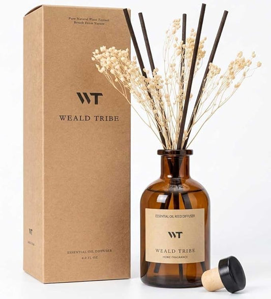 WEALD TRIBE Reed Diffuser Set for Bathroom Air Fresheners, Oil Diffuser Sticks | White Jasmine Scent 4.0 fl oz Home Fragrance with Sticks Defusers | House Bedroom Office Shelf Decor