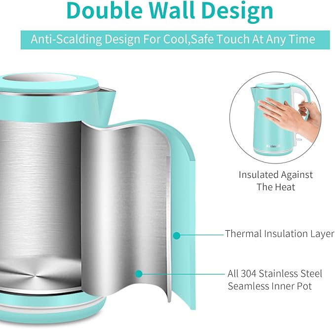 Electric Kettle Stainless Steel for Boiling Water, Double Wall Hot Water Boiler Heater, Cool Touch Electric Teapot, Auto Shut-Off & Boil-Dry Protection, 120V/1200W, 1.8Liter, 2 Year Warranty(Sky Blue)