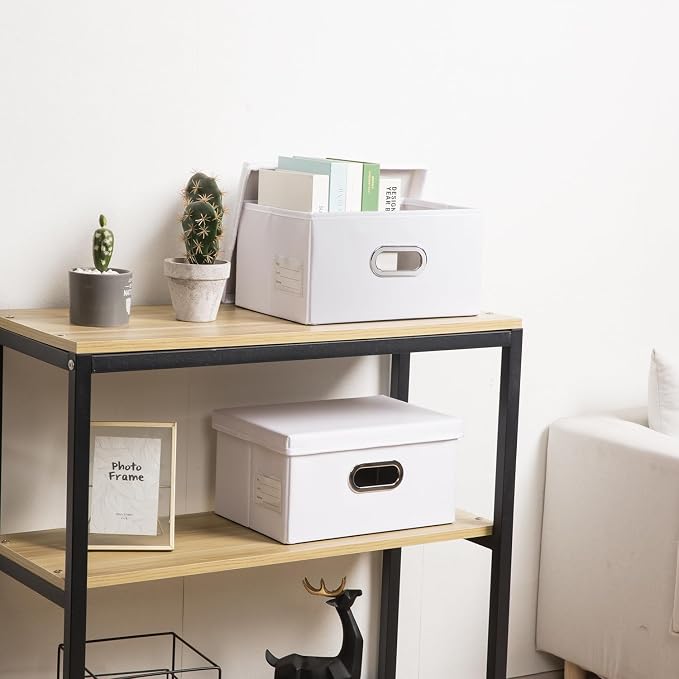 Collapsible Storage Box with Lid [3-Pack] Leather Fabric Foldable Storage Bin Organizer Container Basket Cube with Cover for Home Bedroom Closet Office Nursery White(13.6x9.6x6.9)