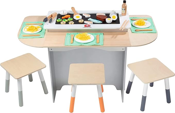 Hibachi Grill Wooden Kids Playset w Stools, Table Settings & Over 25 Toy Food Pieces- Noodles Tongs Meats Veggies- Everything a Little Chef Needs for Pretend Play, Indoor Japanese Restaurant Stand