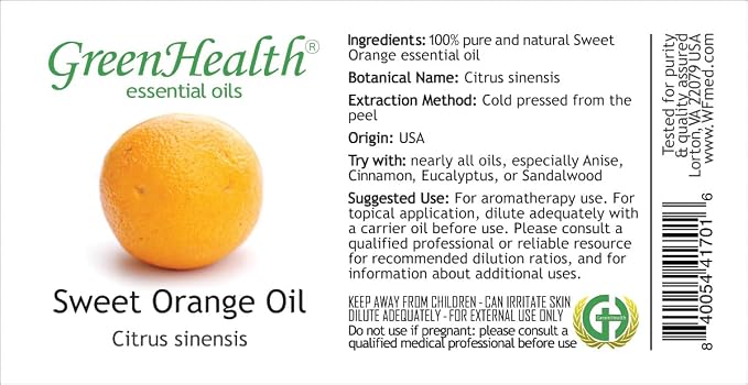 Sweet Orange – 1 fl oz (30 ml) Glass Bottle w/Euro Dropper – 100% Pure Essential Oil – GreenHealth