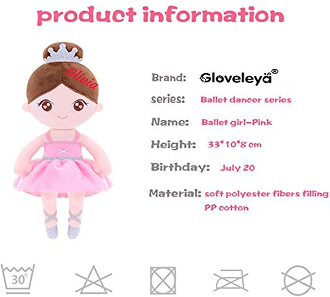 Gloveleya Personalized Baby Girl Doll with Gift Box – Custom Name Soft Plush Ballet Princess Toy, Light Pink Ballerina Doll, Perfect Birthday, Christmas for Kids 13 Inches