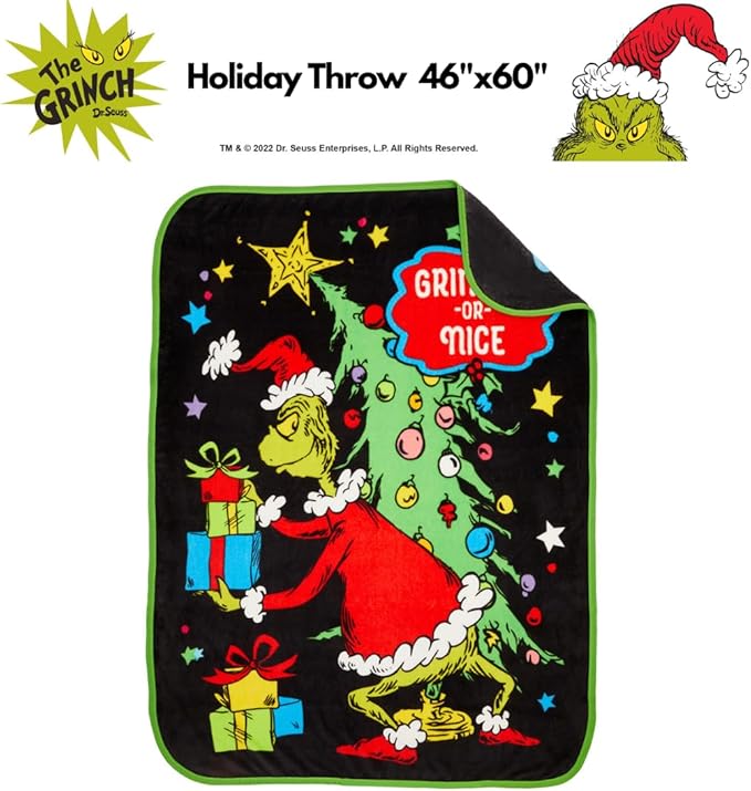 Collectibles Dr. Seuss The Grinch Holiday Christmas Bedding Super Plush Cozy Throw, 46 in x 60 in, (Officially Licensed Product) by Franco