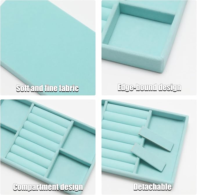 Velvet Jewelry Trays for Drawers, Blue 3-in-1 | Stackable Jewelry Drawer Organizer, Ring Earring Necklace Bracelet Holder Organizer Storage Tray with Removable Dividers