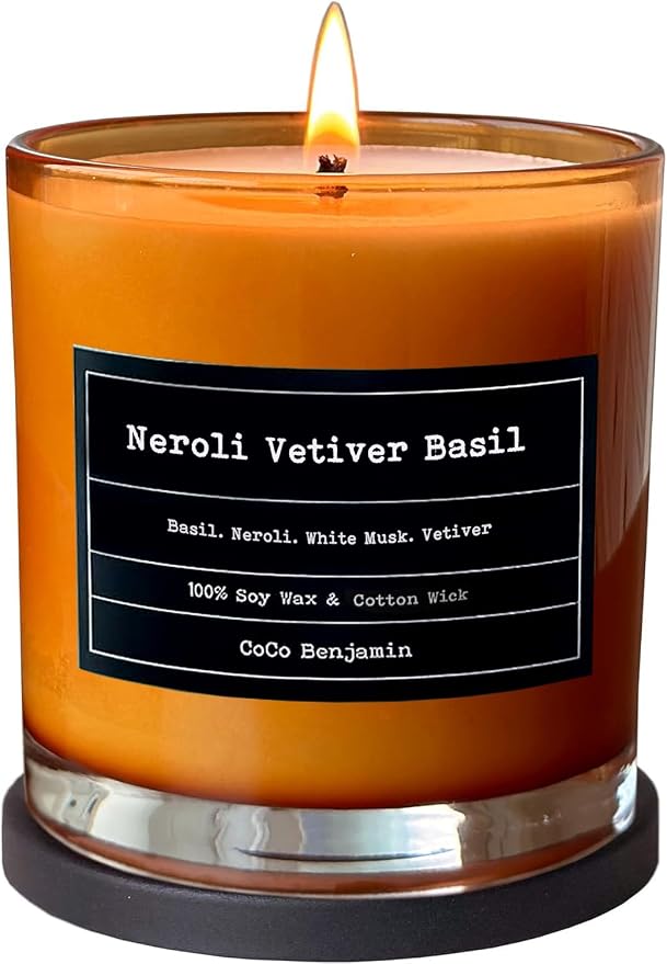 100% Natural Soy Wax Candle by CoCo Benjamin - Highly Scented & Hand-Poured Luxury Candle (Neroli Vetiver Basil) - Clean Burning Cotton Wick
