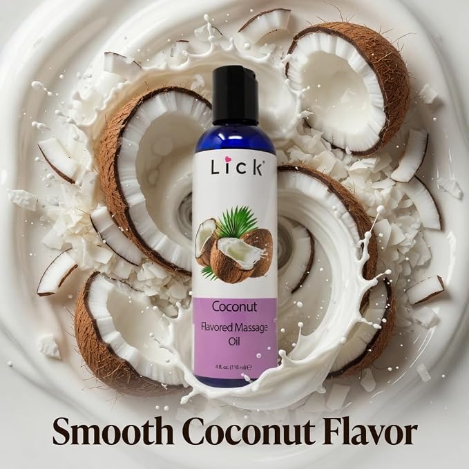 Lick Coconut Flavored Massage Oil – Tropical Edible Massage Oil with Sweet Almond Oil & Vitamin E, Hydrating Body-Safe Formula for Relaxing Couples Massage, 4 oz