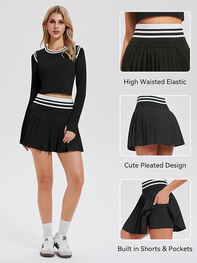 Two Piece Tennis Skirt Set for Women High Waisted Pleated Athletic Golf Skirt Sets Women 2 Piece Outfits with Pockets