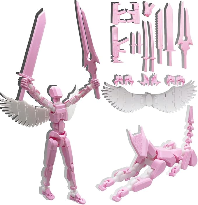 T13 Action Figures Set (Assembly Completed) Dummy 13 Titan 13 Robot Action Figure 3D Printed Robo Multi-Jointed Movable Action Figure Toy with Full Articulation (T 13 Pink White Figure + Dog)