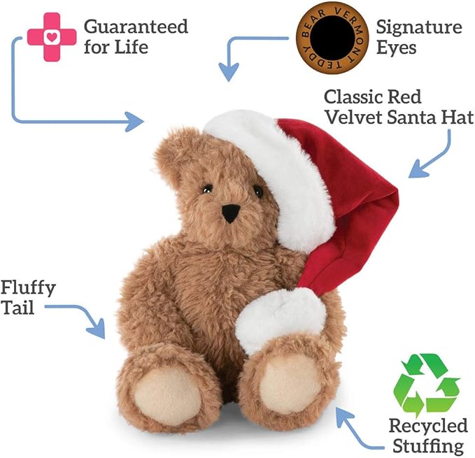 Vermont Teddy Bear Christmas Bears - Christmas Stuffed Animals, 13 Inch,Santa Hat, Soft Plushie