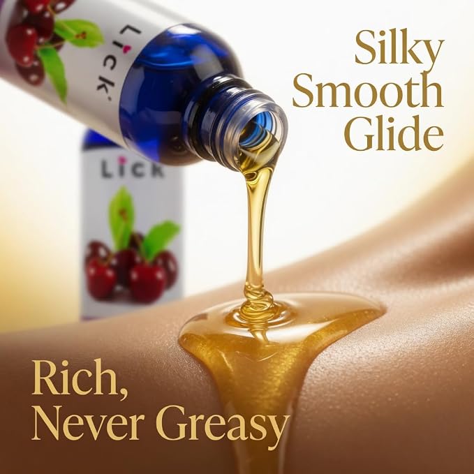 Lick Cherry Flavored Massage Oil – Bold Fruit Edible Massage Oil with Vitamin E, Rich Smooth Body-Safe Glide for Romantic Couples Massage Experiences, 4 oz