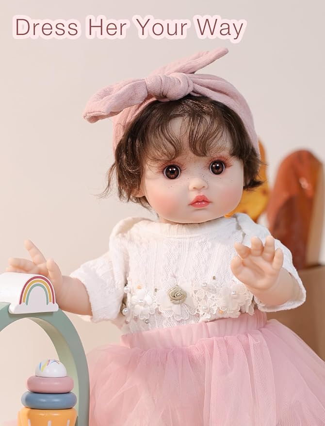 Baby Dolls, 18 Inch Realistic Reborn Full Vinyl Baby Doll with Brown Curly Hair, Hand-Painted Freckles & Cozy Red Outfit for Girls Ages 3+, Pretend Play, Display & Collection