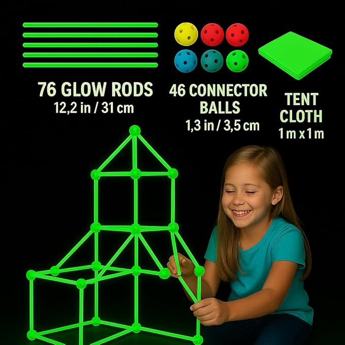 Batzo Glow-in-The-Dark Small Fort Building Kit (122 Pcs) – Sturdy Rods & Connectors Construction Set | Creative and Learning STEM Toy, Easy to Build Indoor Playhouse for Kids Ages 4+