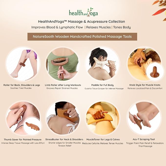 SoulGenie HealthAndYoga™ NatureSooth Handcrafted Wood Thumb Saver Massager - Effective Deep Tissue, Point & Trigger Point Massage for Pain Relief - Skin Friendly and Earth-Friendly Hand Massager Tool