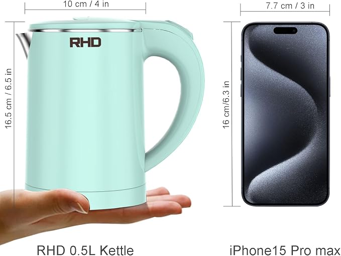 RHD 0.5L Small Portable Electric Kettles for Boiling Water, Stainless Steel Travel Kettle, 600W Fast Boil Teapot, Auto Shut-Off, Tea Kettle & Hot Water Boiler Perfect For Travel, Coffee, Tea (Green)