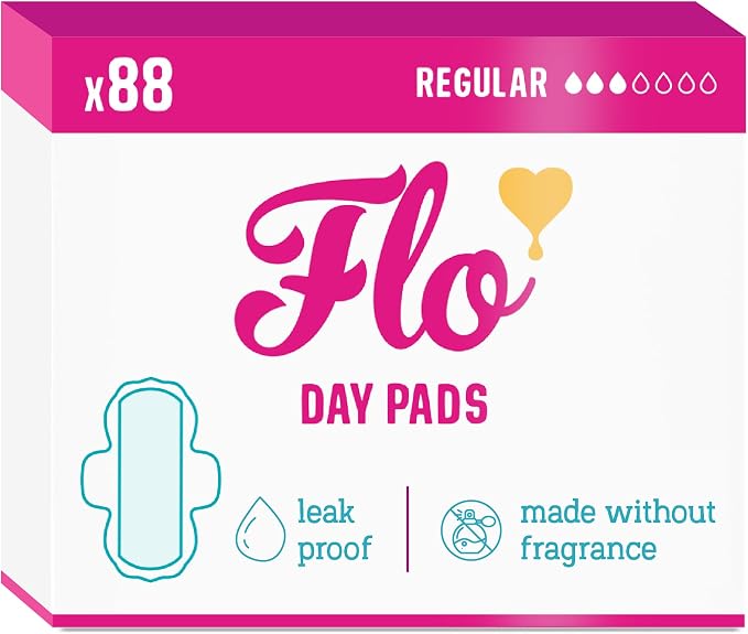 Flo - Day Menstrual Pads (88 Pack) - Organic Bamboo Period Pads for Women - Regular Flow - Leak Locking - Winged, Ultra-Thin - Absorbent, Soft & Breathable - Plant Based – Vegan, Cruelty Free