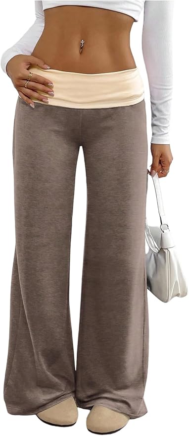 SOLY HUX Women's Sweatpants Color Block Low Rise Fold Over Waist Baggy Wide Leg Pants