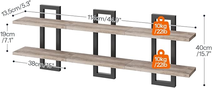HOOBRO Floating Shelves, 15 Inch Wall Shelf Set of 3, Wall Mounted Storage Shelves 2-Tier, Hanging Bathroom Shelves, for Living Room, Bedroom, Bathroom, Kitchen, Greige and Black BG32BJP301