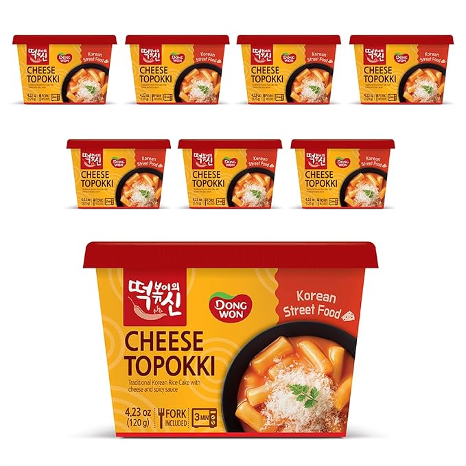 [Dongwon] Authentic Korean Rice Cake Topokki with Creamy Cheese Flavor | Popular Korean Street Food | Easy to Prepare | Delicious and Chewy Snack for Cheese Lovers (8 Bowls)