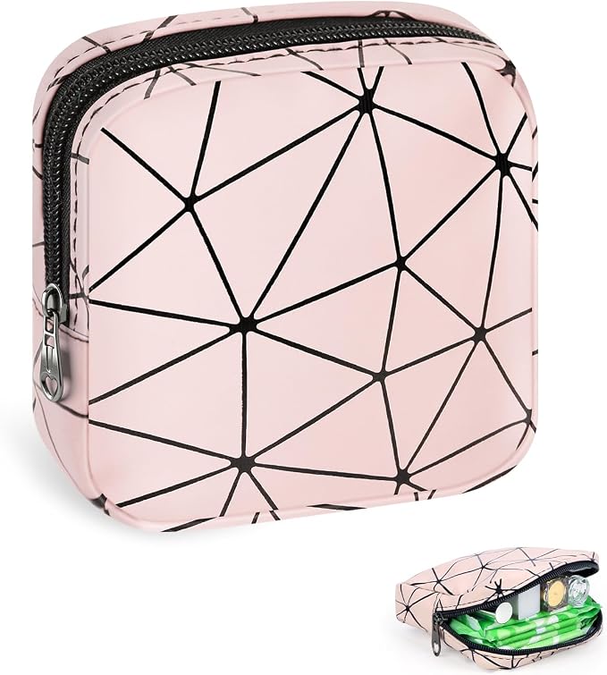 Discreet Period Bag Waterproof Geometric PU Sanitary Napkin Storage Bag Portable Menstrual Pad Pouch Cute Tampon Bag for Purse Small Makeup Bag S-Pink