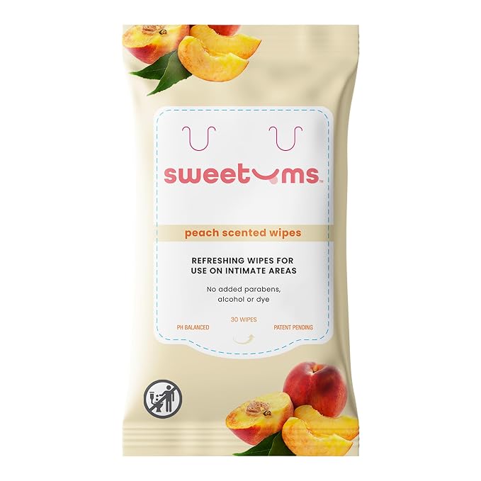 Sweetums Peach Scented Daily Feminine Wipes for Women – pH Balanced Unflavored Intimate Wipes – Water-Based, Aloe-Infused, Gentle on Sensitive Skin – Vegan, No Alcohol or Dyes, Travel-Friendly - 30ct