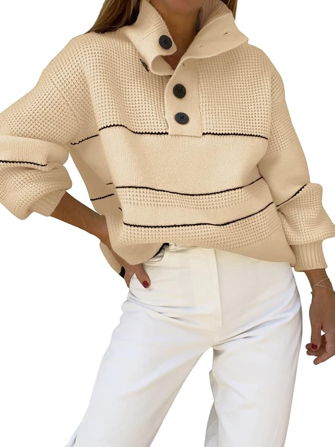 chouyatou Women's Slouchy Waffle Knit Sweater 1/2 Button Polo Collared Pullover Striped Sweater Tops