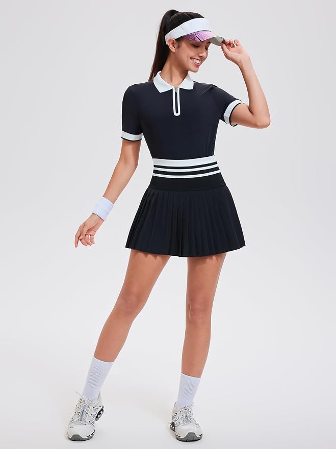 Tennis Skirt Sets for Women Zipper Color Block High Waisted Golf Polo Two Piece Skirt Set Women 2 Piece Outfits