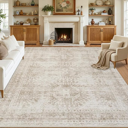 8x10 Area Rugs for Living Room: Vintage Boho Neutral Washable Rug Indoor Soft Large Area Rug Carpet for Bedroom Nursery Farmhouse Dining Room Office Floor Non-Slip Low Pile Under Table Rug Brown
