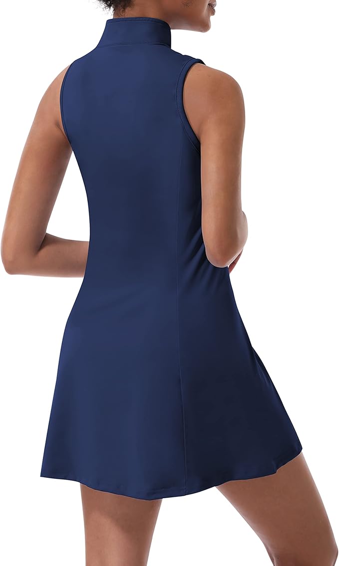 Tennis Dress for Women, Golf Dress with Shorts and Pockets Athletic Dress | Sleeveless Collared Half-Zipper Workout Sport Dress, Stretch Moisture Wicking Fabric, Tennis Golf Outfits