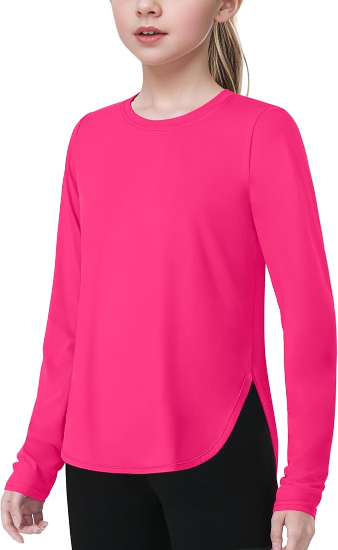 JOCMIC Girls Long Sleeve Shirts Kids Athletic Quick Dry UPF 50+ Sun Shirt Basic Tees for Gym Yoga Tops