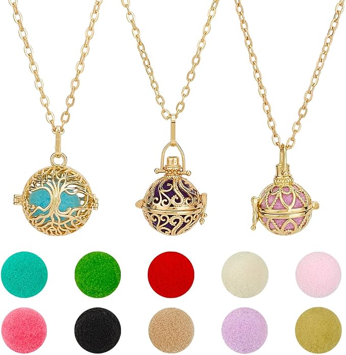PH PandaHall 3pcs Golden Essential Oil Diffuser Necklace, Aromatherapy Locket Pendant with 10pcs Color Cotton Balls Scent Necklace Hollow Flower Pendant Necklaces for Men Women Jewelry Birthday Gifts