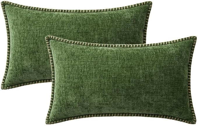 MIULEE Decorative Lumbar Throw Pillow Covers 12x20 Inch Forest Green 2 Pack | Farmhouse Pillow Covers with Stitched Edge, Soft Chenille Cushion Cases, for Couch Sofa Bed Living Room Home Decor,Moss Green
