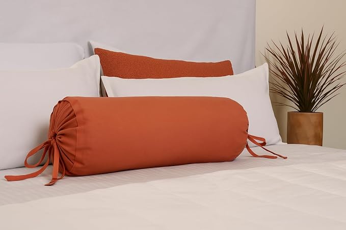 Cylindrical Pillow Bolster Cover Cervical Neck Roll Cotton Pillowcase with Drawstring Closure Neck Cushion Cover 6" x 18" (15 x 45 cm) Rust