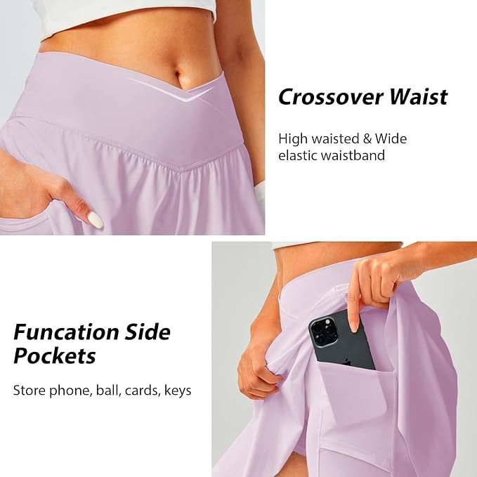 Womens Tennis Skirt Crossover High Waisted Skort with Pockets Shorts | Athletic Skirts for Golf Running Workout Pickleball, Aesthetic Activewear, Sporty Athleisure Style